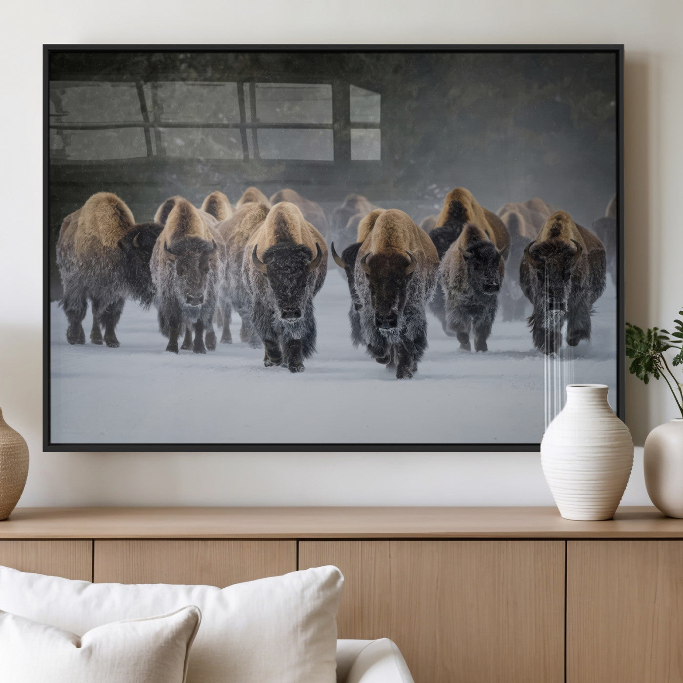 41669135-MGV-FP-36X24-3P_Black-Bison Herd Scene Wall Art Canvas Print, Framed Rustic Wildlife Decor Art Picture Print, Snowy Bison Landscape Perfect Rustic