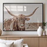 77810049-MGV-FP-60X30-3P_Black-Longhorn Bull Photo Wall Art Canvas Print, Framed Rustic Cow Decor Art Picture Print, Neutral Farmhouse Style Perfect Rustic