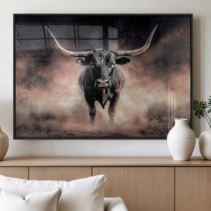 71457818-MGV-FP-36X24-3P_Black-Longhorn Wall Art Wall Art Canvas Print, Framed Western Bull Canvas Art Picture Print, Rustic Cow Decor Perfect Western Dramatic