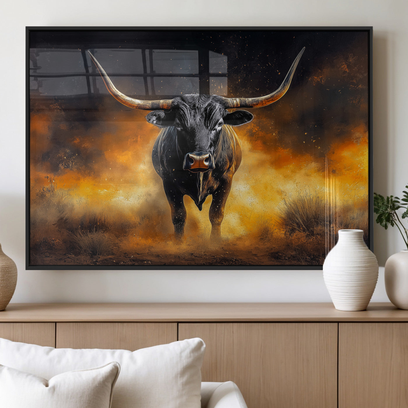 58293979-MGV-FP-36X24-3P_Black-Longhorn Canvas Wall Art Canvas Print, Framed Bold Bull Wall Art Art Picture Print, Western Animal Decor Perfect Western Dramatic