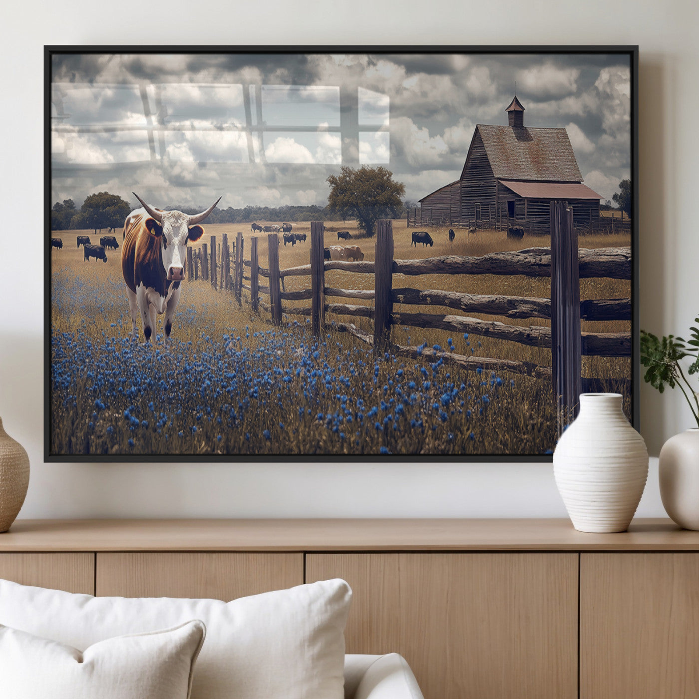 22296025-MGV-FP-36X24-3P_Black-Texas Longhorn Canvas Wall Art Canvas Print, Framed Rustic Barn Wall Art Art Picture Print, Farmhouse Cow Decor Perfect Rustic