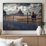 51092814-MGV-FP-36X24-3P_Black-Texas Longhorn Wall Art Wall Art Canvas Print, Framed Rustic Barn Canvas Art Picture Print, Farmhouse Cow Decor Perfect Rustic