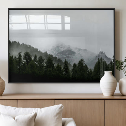 55968349-MGV-FP-36X24-3P_Black-Misty Mountains Wall Art Canvas Print, Framed Foggy Forest Art Picture Print, Snowy Peaks Perfect Moody Wilderness Decor Artwork