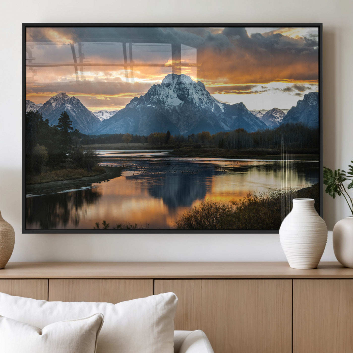 14130176-MGV-FP-36X24-3P_Black-Mountain Sunset Wall Art Canvas Print, Framed Alpine Wilderness Art Picture Print, Golden Hour Perfect Rustic Wilderness Decor