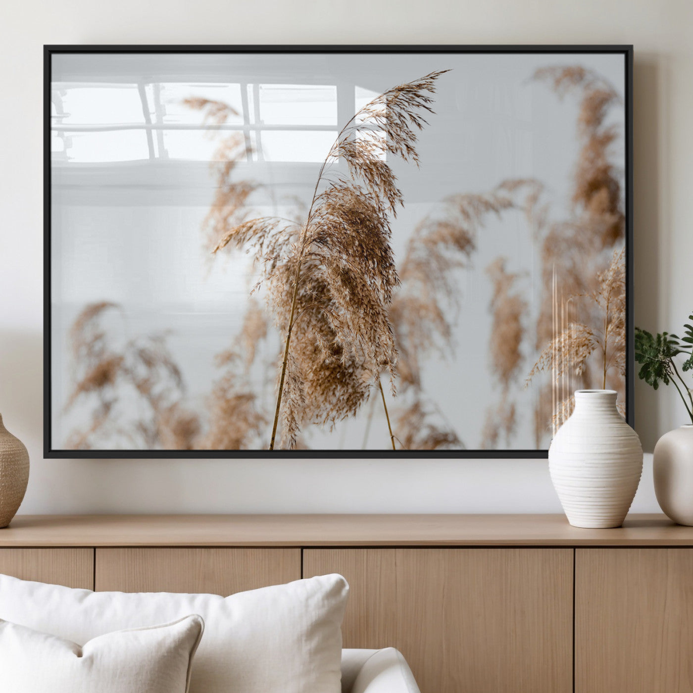 17019393-MGV-FP-36X24-3P_Black-Pampas Grass Wall Art Canvas Print, Framed Neutral Tones Art Picture Print, Minimalist Nature Perfect Boho Minimalist Decor