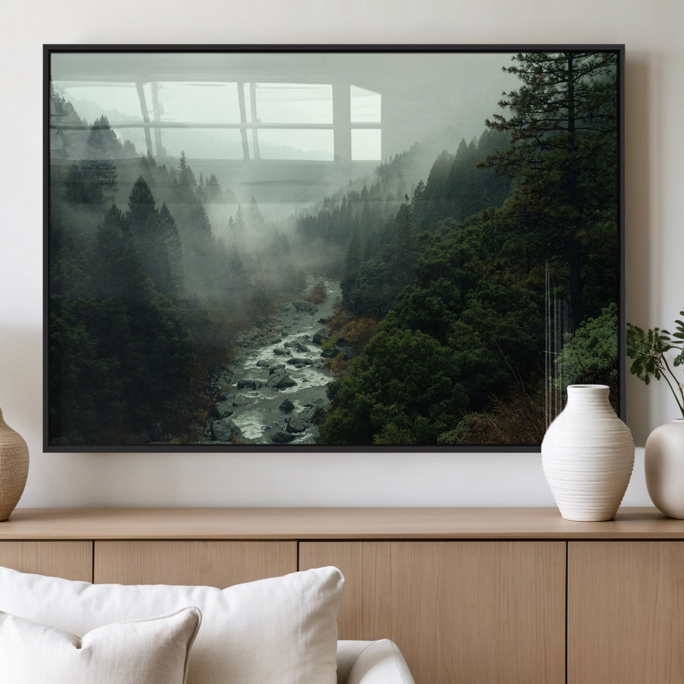 48497565-MGV-FP-36X24-3P_Black-Misty Forest Wall Art Canvas Print, Framed Foggy River Art Picture Print, Moody Landscape Perfect Moody Wilderness Decor Artwork