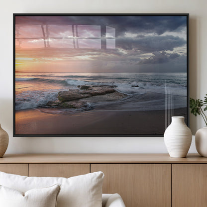 94208089-MGV-FP-36X24-3P_Black-Golden Hour Wall Art Canvas Print, Framed Tranquil Waves Art Picture Print, Beach Horizon Perfect Coastal Serenity Decor Artwork
