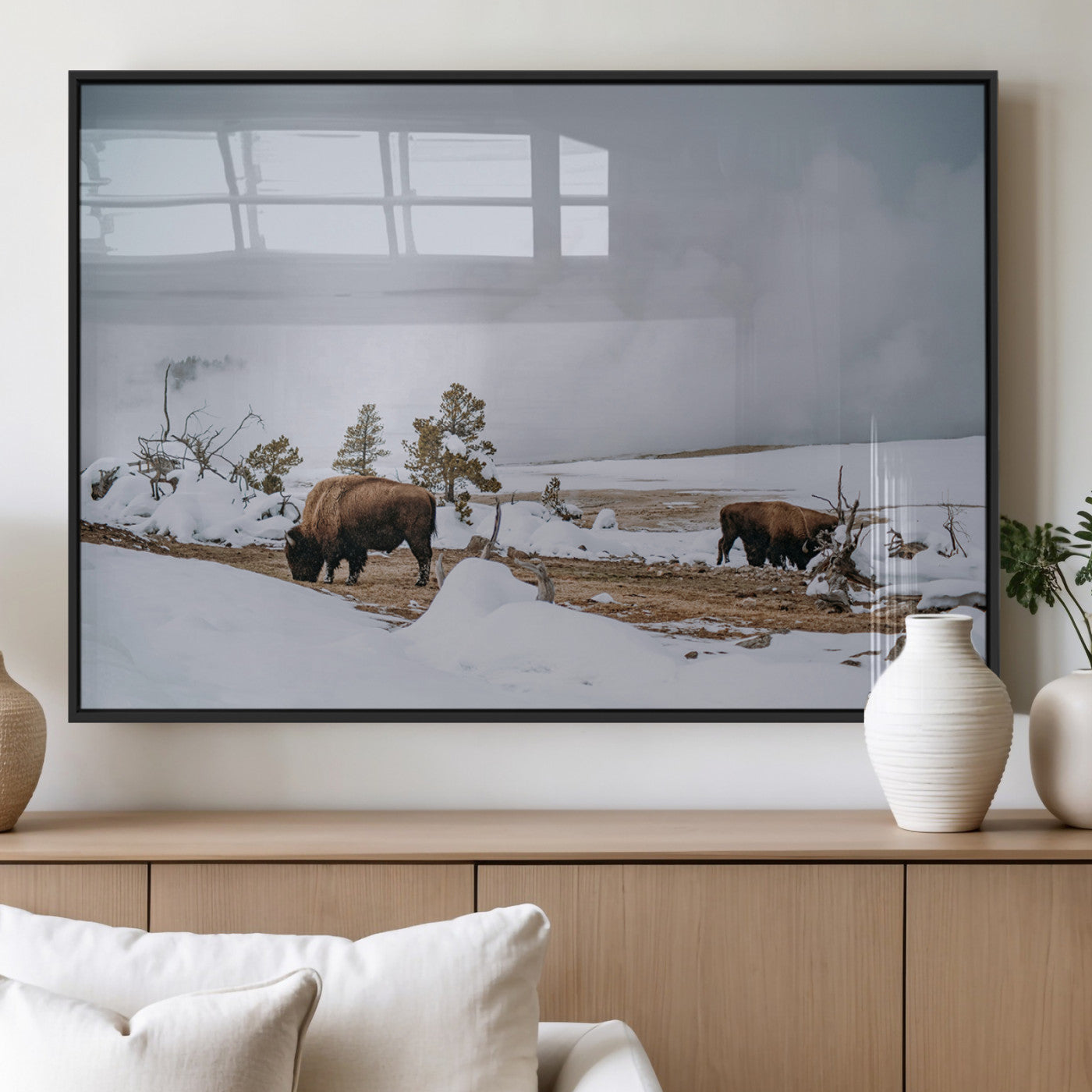 60308289-MGV-FP-36X24-3P_Black-Bison Wildlife Wall Art Canvas Print, Framed Snowy Prairie Art Picture Print, Western Landscape Perfect Rustic Winter Decor