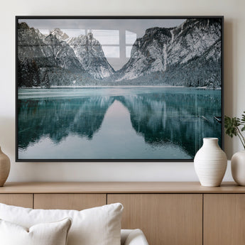73098373-MGV-FP-36X24-3P_Black-Mountain Lake Wall Art Canvas Print, Framed Winter Wonderland Art Picture Print, Snowy Peaks Perfect Modern Nature Decor Artwork