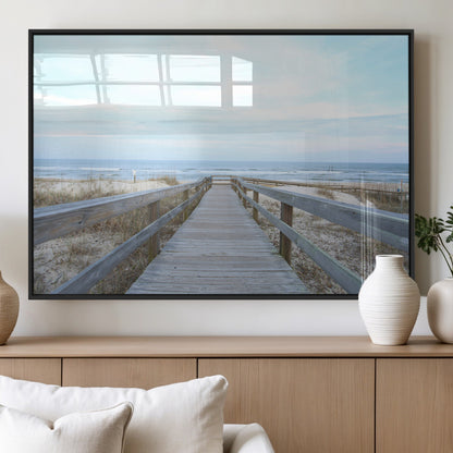 31602988-MGV-FP-36X24-3P_Black-Beach Boardwalk Wall Art Canvas Print, Framed Coastal Serenity Art Picture Print, Ocean View Perfect Coastal Minimalist Decor