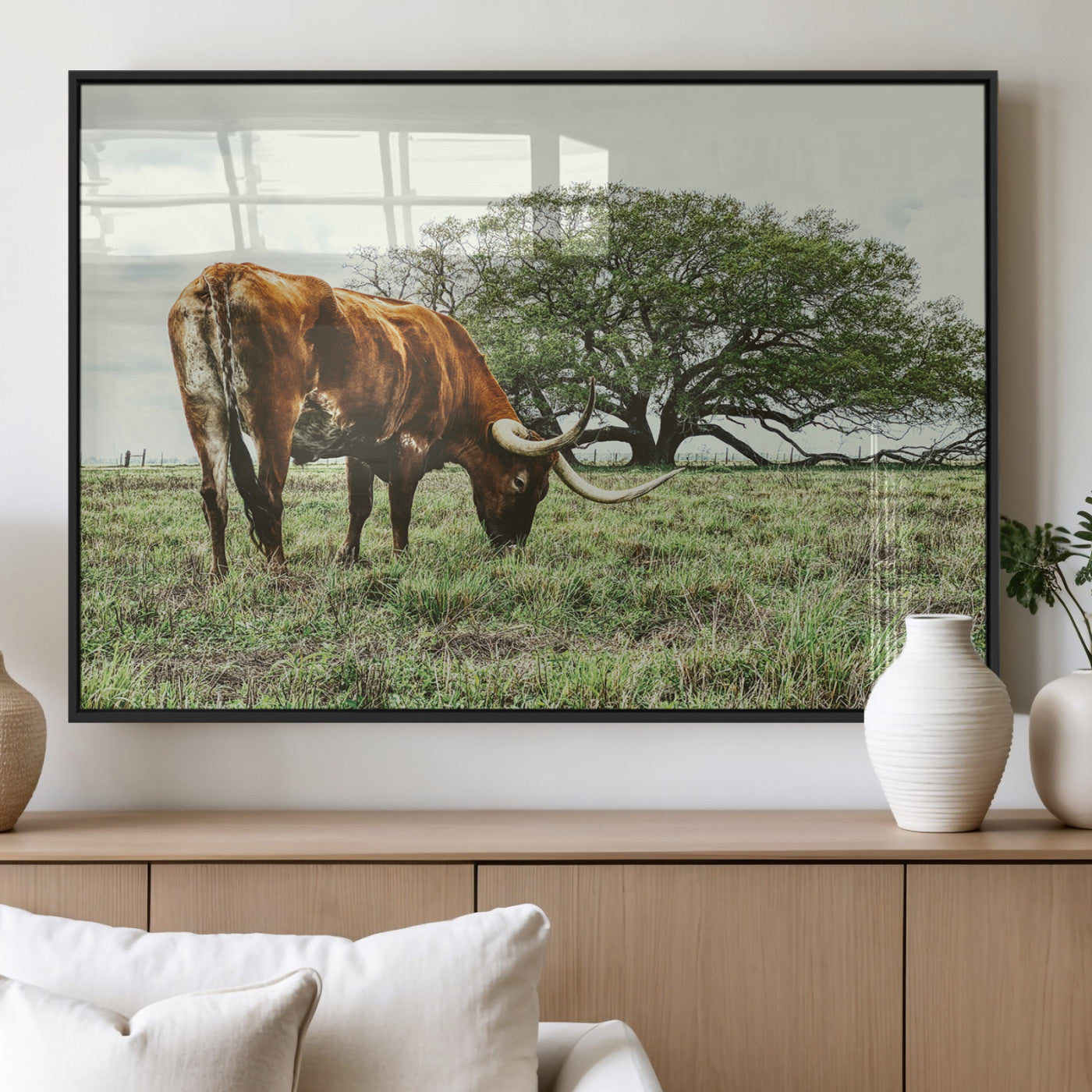 91866234-MGV-FP-36X24-3P_Black-Texas Longhorn Wall Art Canvas Print, Framed Rustic Ranch Art Picture Print, Western Cattle Perfect Rustic Farmhouse Decor Artwork