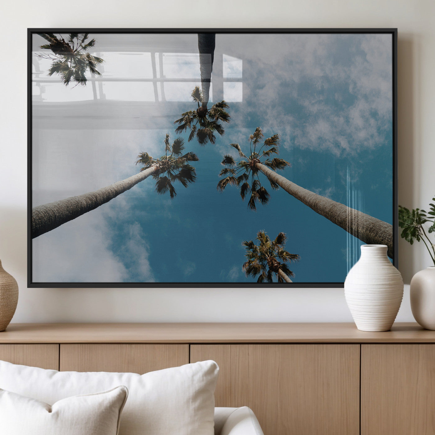 45236398-MGV-FP-36X24-3P_Black-Tropical Palm Trees Wall Art Canvas Print, Framed California Sky Art Picture Print, Minimalist Nature Perfect Coastal Minimalist