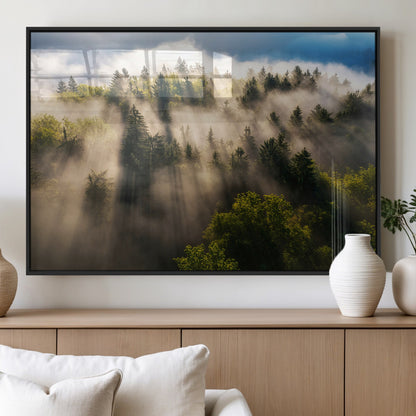 14785710-MGV-FP-36X24-3P_Black-Tranquil Forest Scene Wall Art Canvas Print, Framed Sunbeam Through Trees Art Picture Print, Moody Green Wall Art Perfect