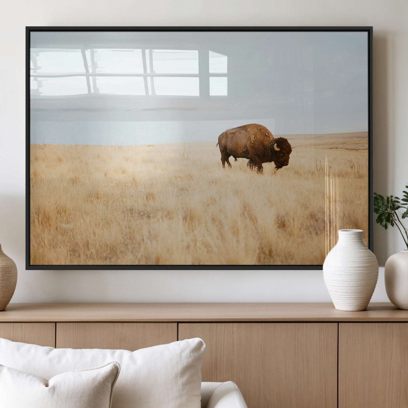 61392510-MGV-FP-36X24-3P_Black-Buffalo Wall Art Wall Art Canvas Print, Framed Western Wildlife Decor Art Picture Print, Rustic Farmhouse Art Perfect Rustic