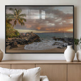 55108220-MGV-FP-36X24-3P_Black-Tropical Beach Wall Art Canvas Print, Framed Hawaiian Sunset Art Picture Print, Ocean Waves Perfect Coastal Tropical Decor Artwork