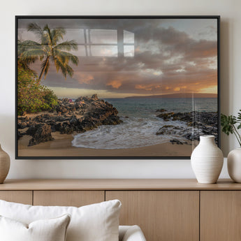 55108220-MGV-FP-36X24-3P_Black-Tropical Beach Wall Art Canvas Print, Framed Hawaiian Sunset Art Picture Print, Ocean Waves Perfect Coastal Tropical Decor Artwork
