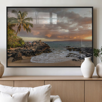 55108220-MGV-FP-36X24-3P_Black-Tropical Beach Wall Art Canvas Print, Framed Hawaiian Sunset Art Picture Print, Ocean Waves Perfect Coastal Tropical Decor Artwork