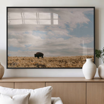 22754563-MGV-FP-36X24-3P_Black-Earthy Tones Wall Art Canvas Print, Framed Rustic Nature Art Picture Print, Solitary Buffalo Perfect Western Minimalist Decor