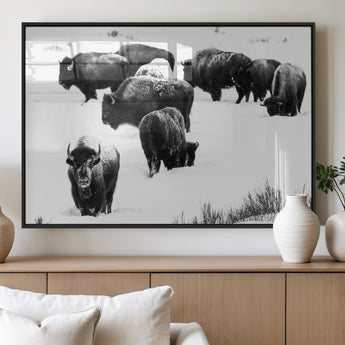 18914414-MGV-FP-36X24-3P_Black-Buffalo Herd Wall Art Canvas Print, Framed Black and White Art Picture Print, Snowy Landscape Perfect Rustic Lodge Decor Decor