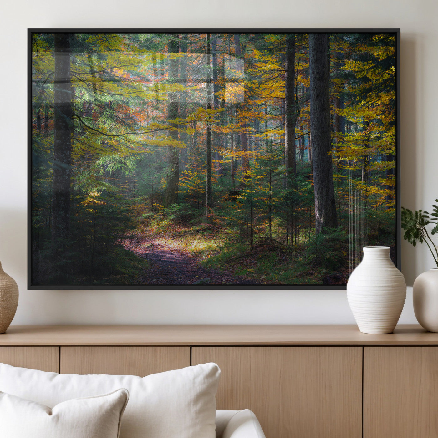 65810864-MGV-FP-36X24-3P_Black-Autumn Forest Wall Art Canvas Print, Framed Fall Woodland Art Picture Print, Golden Leaves Perfect Rustic Farmhouse Decor Artwork