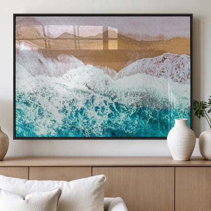 26870666-MGV-FP-36X24-3P_Black-Aerial Beach Wall Art Canvas Print, Framed Ocean Waves Art Picture Print, Coastal Landscape Perfect Coastal Minimalist Decor
