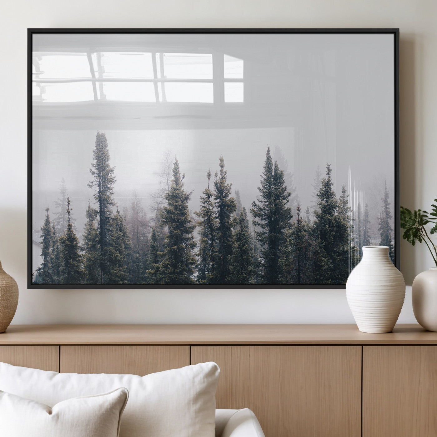 42364796-MGV-FP-36X24-3P_Black-Foggy Forest Wall Art Canvas Print, Framed Misty Pines Art Picture Print, Moody Woodland Perfect Scandinavian Minimalist Decor