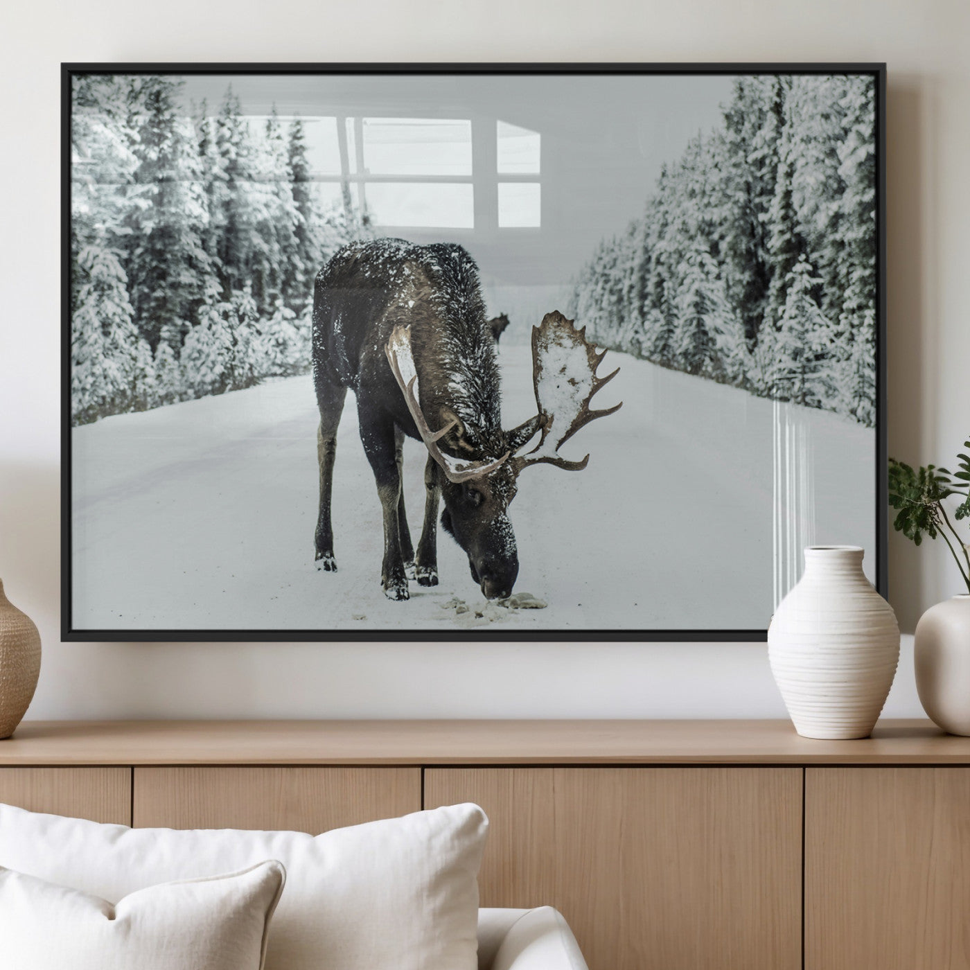 13316292-MGV-FP-36X24-3P_Black-Moose in Snow Wall Art Canvas Print, Framed Winter Wildlife Art Picture Print, Snowy Forest Scene Perfect Rustic Lodge Decor