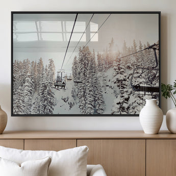 91534512-MGV-FP-60X30-3P_Black-Frosty Pines Wall Art Canvas Print, Framed Cozy Cabin View Art Picture Print, Ski Lift Ride Perfect Rustic Lodge Decor Artwork