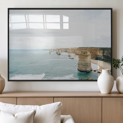 70095633-MGV-FP-36X24-3P_Black-Twelve Apostles Wall Art Canvas Print, Framed Coastal Cliffs Art Picture Print, Rugged Rock Formations Perfect Minimalist Coastal