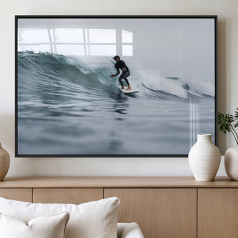 11693607-MGV-FP-36X24-3P_Black-Surfer on Wave Wall Art Canvas Print, Framed Ocean Adventure Art Picture Print, Motion Blur Water Perfect Coastal Adventure Decor