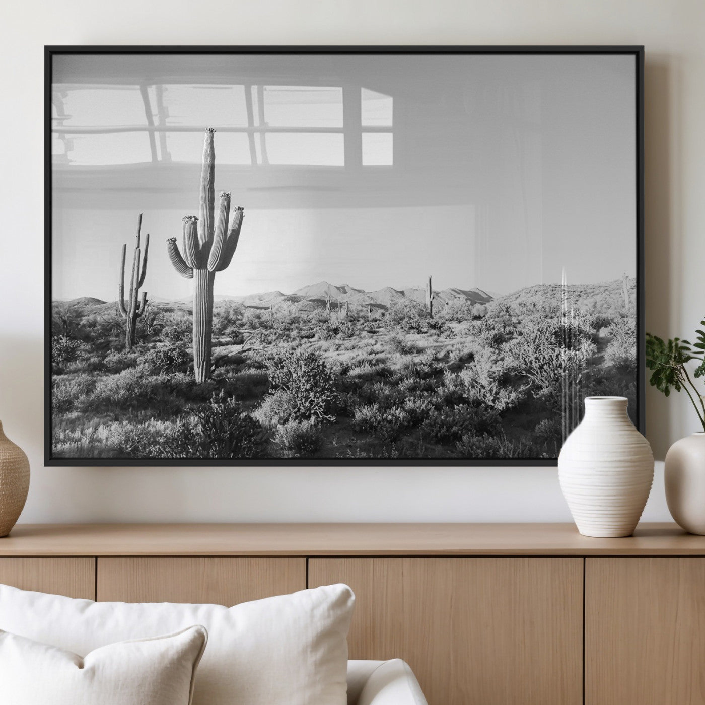 85205054-MGV-FP-36X24-3P_Black-Saguaro Cactus Wall Art Canvas Print, Framed Monochrome Landscape Art Picture Print, Scenic Arizona View Perfect Minimalist
