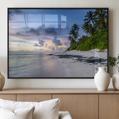 75045485-MGV-FP-60X30-3P_Black-Tropical Beach Wall Art Canvas Print, Framed Sunset Glow Art Picture Print, Palm Tree Coast Perfect Tropical Coastal Decor Artwork