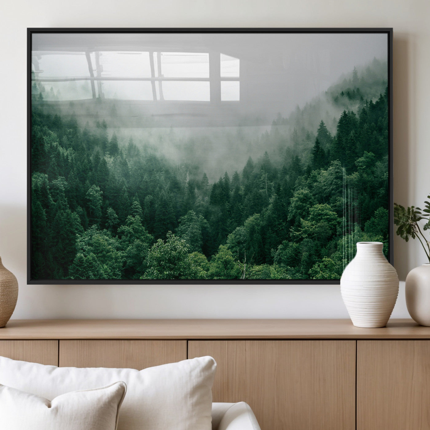 45265379-MGV-FP-36X24-3P_Black-Misty Forest Wall Art – Green Mountain Pine Tree Landscape Canvas Print, Nature Photography Artwork Home Decor for Bedroom, Living