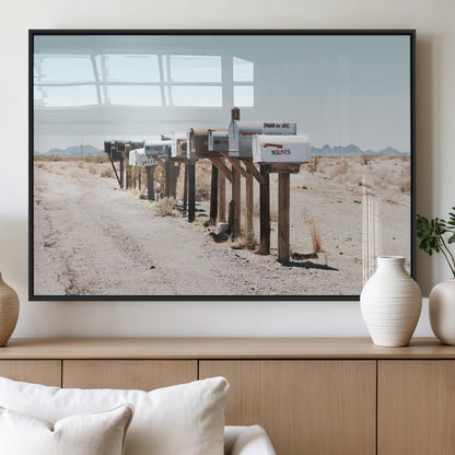 54616109-MGV-FP-36X24-3P_Black-Desert Mailboxes Wall Art – Rustic Rural Roadside Photography Canvas Print, American Southwest Landscape Home Decor for Living