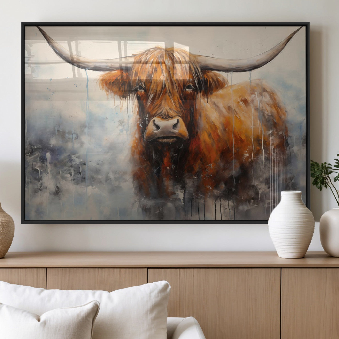 X61001-MGV-FP-36X24-3P_Black-Scottish Highland Wall Art Canvas Print, Framed Longhorn Art Picture Print, Western Cow Perfect Farmhouse Decor Artwork