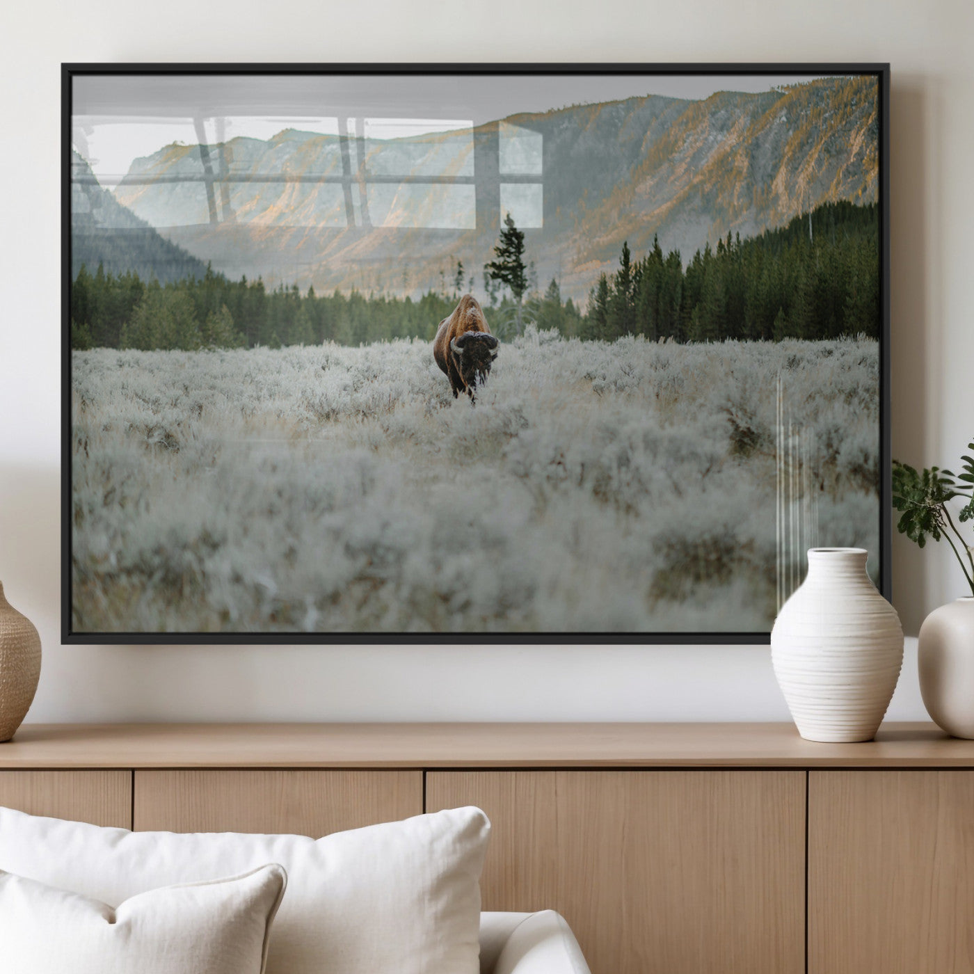 41674074-MGV-FP-36X24-3P_Black-Bison Wall Art – American Buffalo Wildlife Photography Canvas Print, Western Mountain Landscape Artwork Rustic Nature Decor for