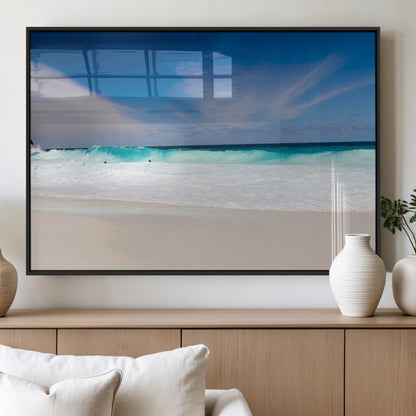 55017356-MGV-FP-36X24-3P_Black-Ocean Beach Wall Art – Turquoise Wave and White Sand Shoreline Canvas Print, Coastal Seascape Photography Decor for Living Room,