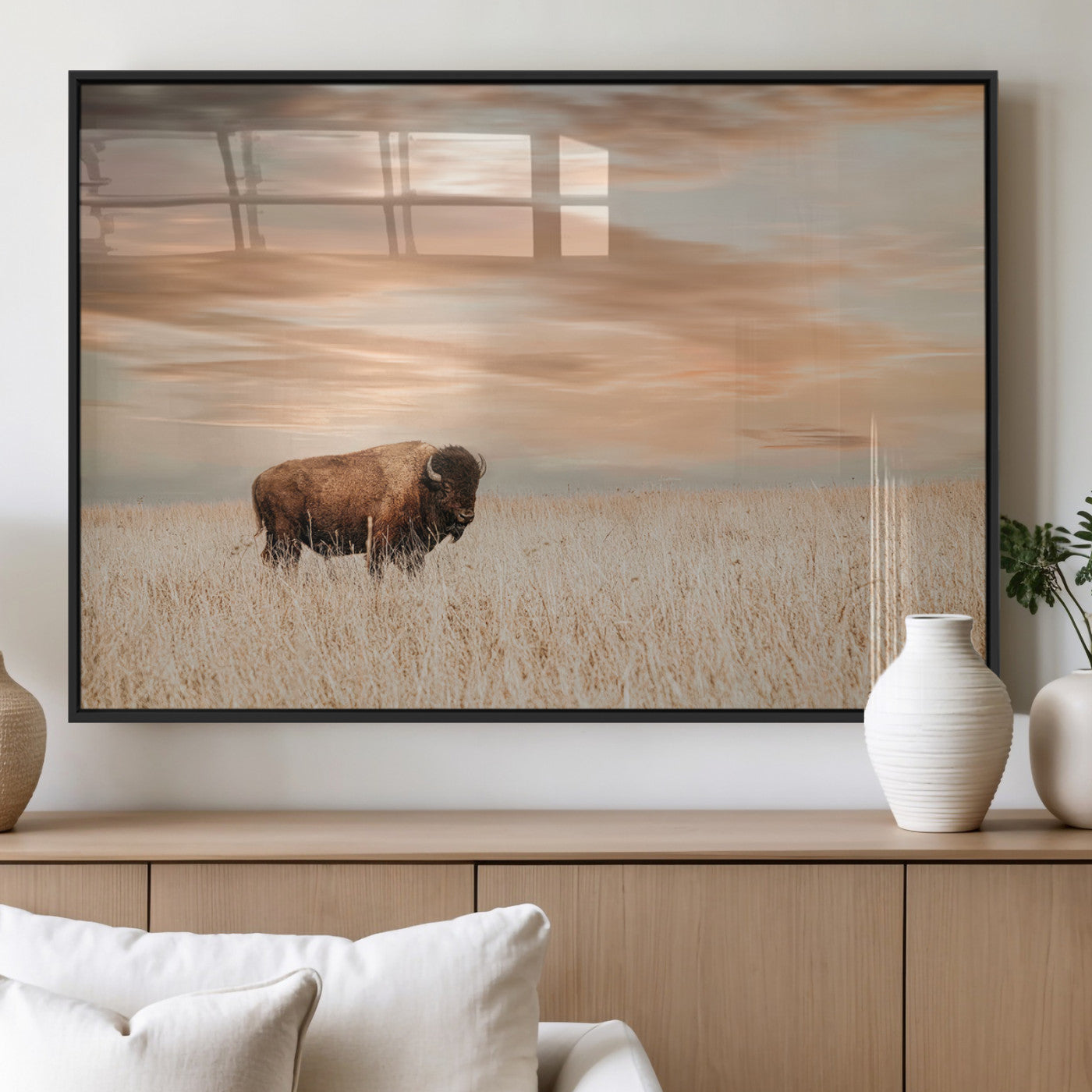 20306324-MGV-FP-36X24-3P_Black-Bison Wall Art – Lone American Buffalo Prairie Sunset Canvas Print, Rustic Western Wildlife Photography Decor for Living Room,