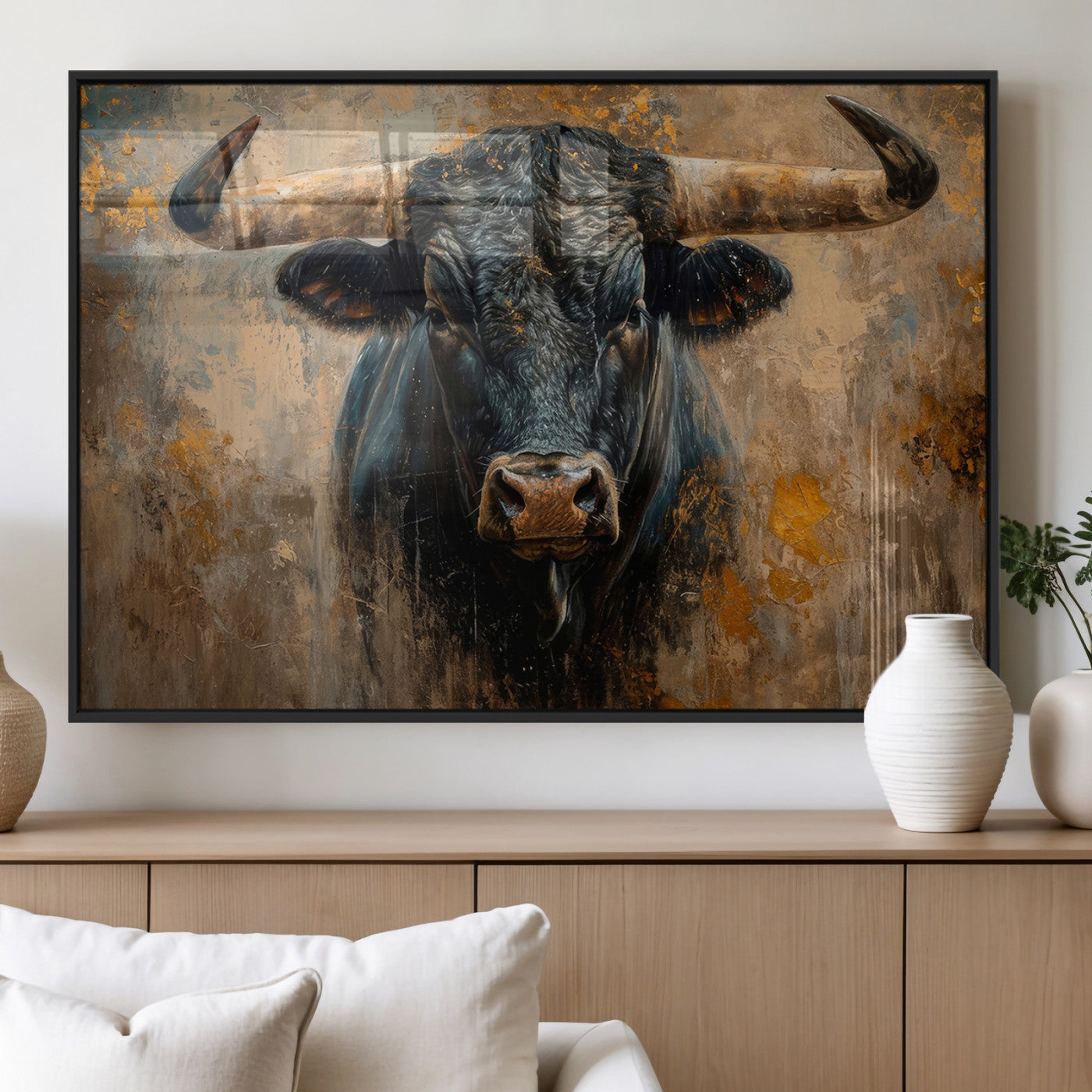 91615410-MGV-FP-36X24-3P_Black-Bull Wall Art – Rustic Western Longhorn Canvas Print, Powerful Abstract Animal Painting, Farmhouse Ranch Decor for Living Room,