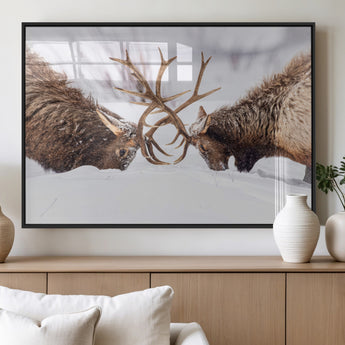 99240306-MGV-FP-36X24-3P_Black-Elk Wall Art – Two Bull Elk Fighting in Snow Canvas Print, Rustic Wildlife Artwork for Cabin, Lodge, Western Farmhouse, Nature &