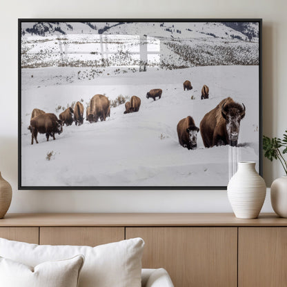 38217250-MGV-FP-36X24-3P_Black-Bison Herd Wall Art – Wildlife Canvas Print of Buffalo Winter Snow Scene, Rustic Western Lodge Décor, Farmhouse & Cabin Nature