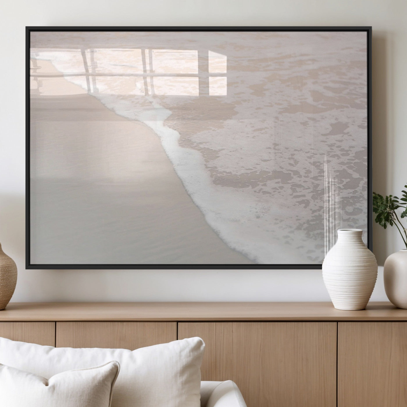 28414510-MGV-FP-36X24-3P_Black-Ocean Shoreline Wall Art – Minimal Coastal Beach Canvas Print, Soft Sea Foam and Sand Photography Artwork, Relaxing Nautical Decor