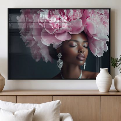 35482880-MGV-FP-36X24-3P_Black-Floral Portrait Wall Art – Elegant Woman with Pink Peony Headpiece Canvas Print, Luxury Fashion Inspired Artwork, Modern Glam