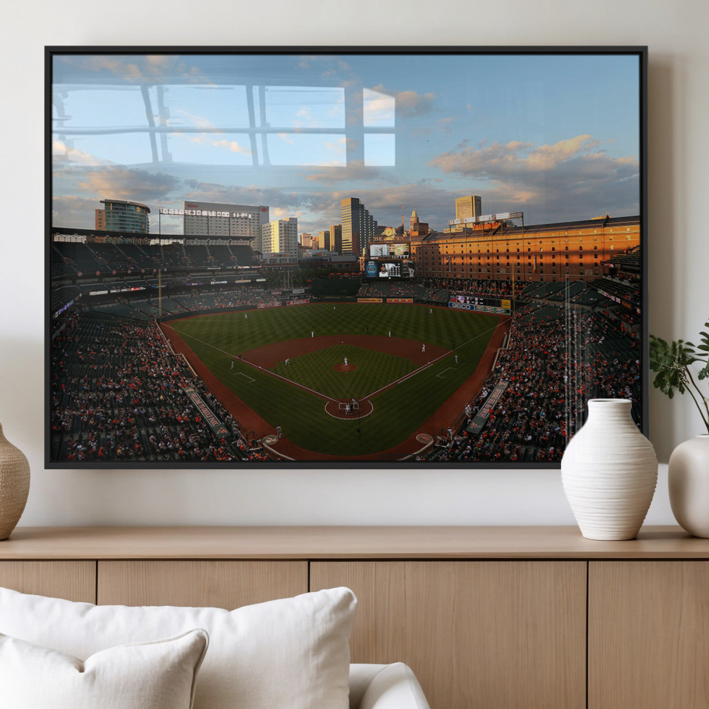 22285236-MGV-FP-36X24-3P_Black-Baseball Stadium Sunset – Panoramic Ballpark Canvas Wall Art, Sports Decor for Office, Man Cave, Game Room, Sports Bar, Baseball