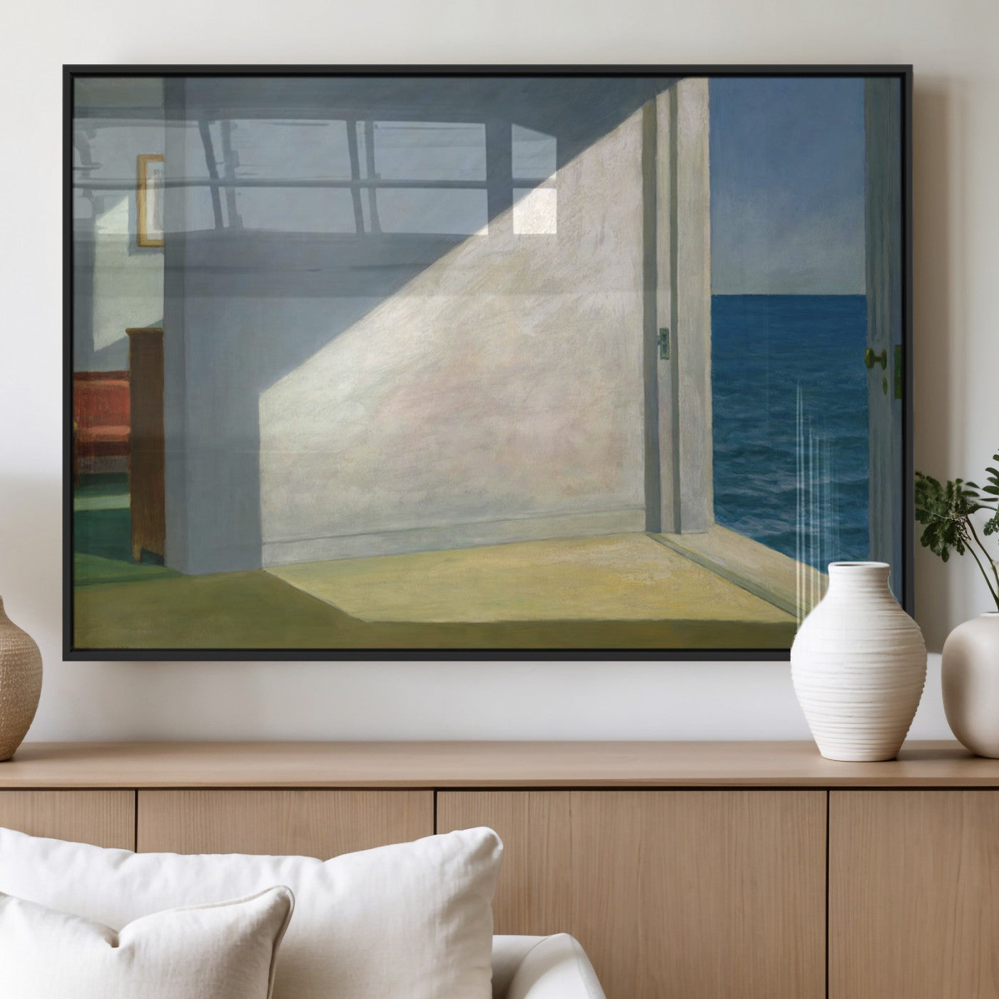 34188481-MGV-FP-36X24-3P_Black-Coastal Sunlight Wall Art – Minimalist Ocean View Canvas Print, Serene Beach House Inspired Decor for Bedroom, Living Room,