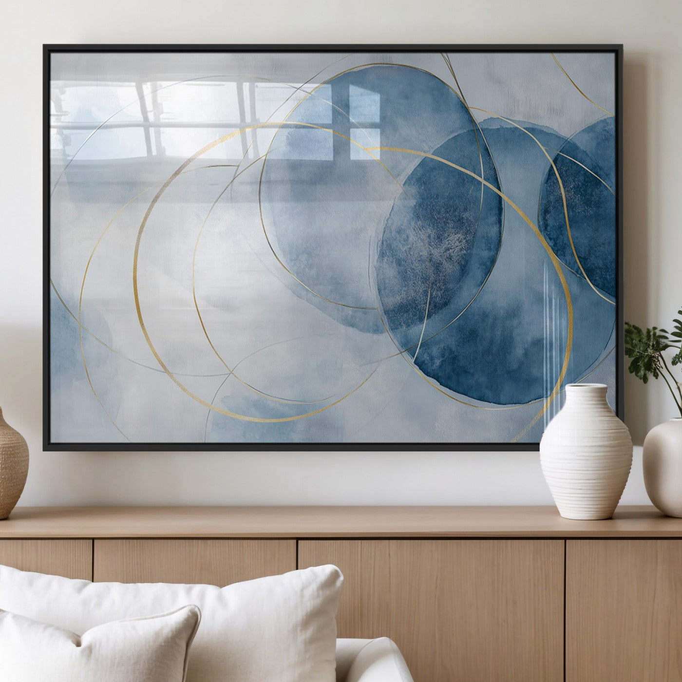 47060443-MGV-FP-36X24-3P_Black-Blue Abstract Circle Wall Art – Modern Gold and Navy Canvas Print, Minimalist Geometric Painting for Living Room, Bedroom, Office