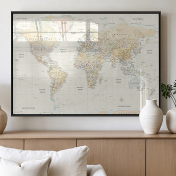 40660043-MGV-FP-36X24-3P_Black-World Map Wall Art – Large Detailed Atlas Style Map Print with Countries, Cities, and Oceans, Neutral Beige and Tan Educational