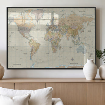 41929777-MGV-FP-36X24-3P_Black-World Map Wall Art – Large Detailed Political Atlas Style Map Print with Countries, Cities, and Oceans, Warm Earth Tone
