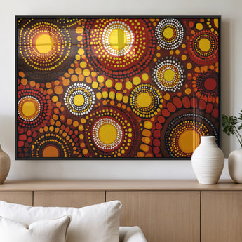 81120549-MGV-FP-36X24-3P_Black-Abstract Dot Painting Wall Art – Vibrant Tribal Boho Style Canvas Print with Sunburst Mandala Circles in Warm Red, Yellow, Orange