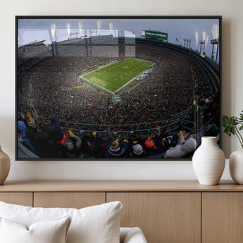 14387817-MGV-FP-36X24-3P_Black-Lambeau Field Stadium Wall Art – Green Bay Packers Game Day Canvas Print with Fireworks and Crowd – NFL Football Fan Man Cave